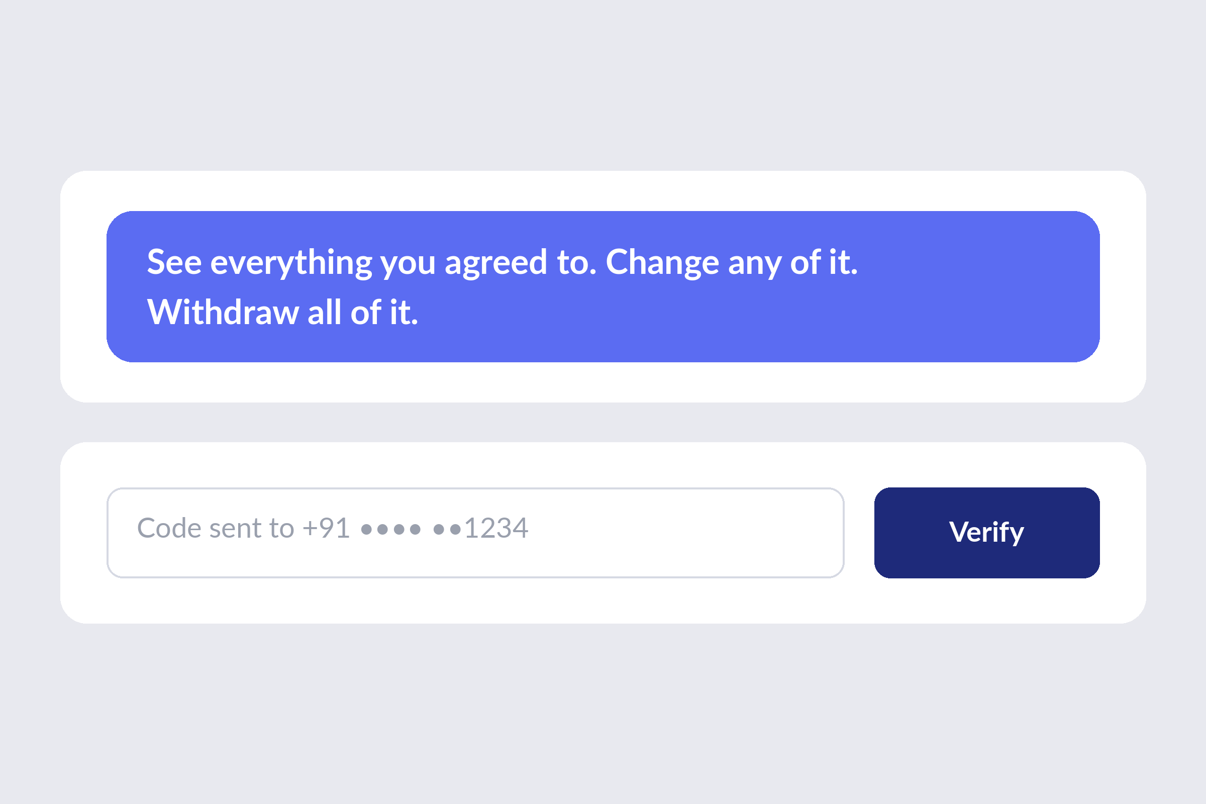 Preference centre: see, change or withdraw consent, verified by a one-time code sent to the registered mobile number
